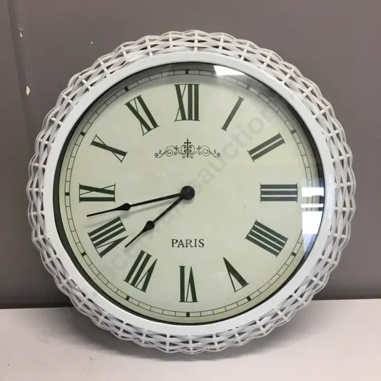 Round White Rattan Look Framed Decorative Clock 'Paris' Dia 38cm