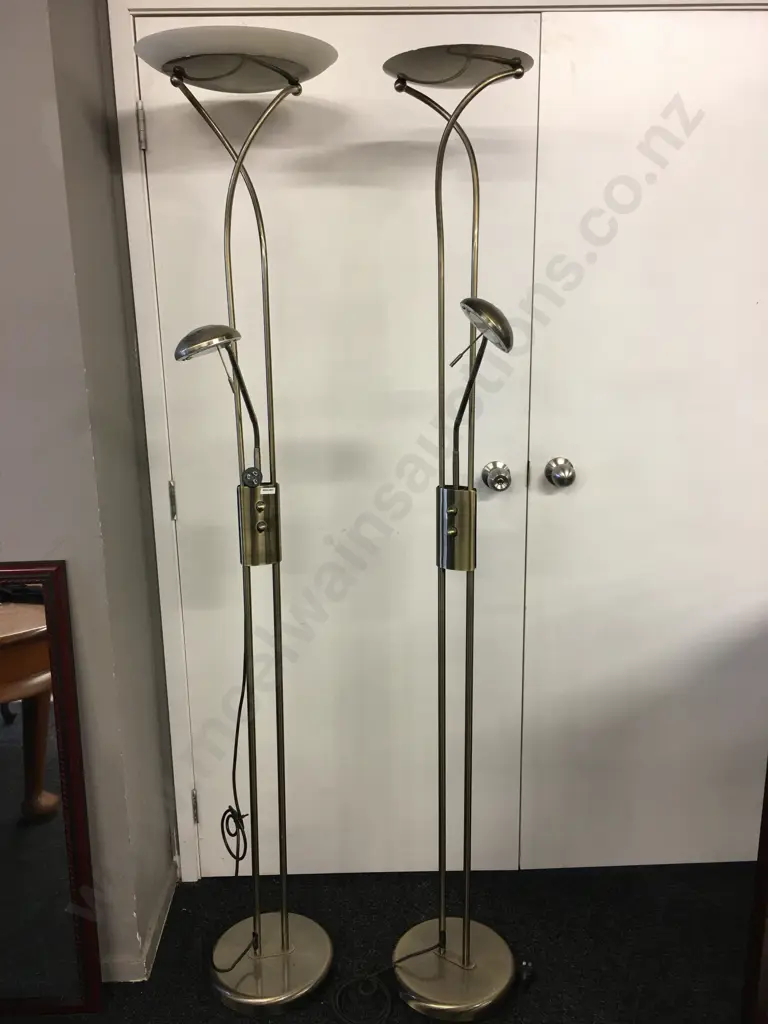 Pair of Stylelux Halogen Mother & Child Floor Lamps, Brushed Gold, H183cm (1 Missing Shade) Image 1++
