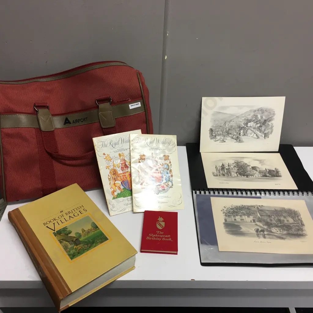 Airport Travel Bag With Vintage Artwork, Books Etc, Royal Wedding Programmes, Shakespeare Birthday Book Etc Image 1++
