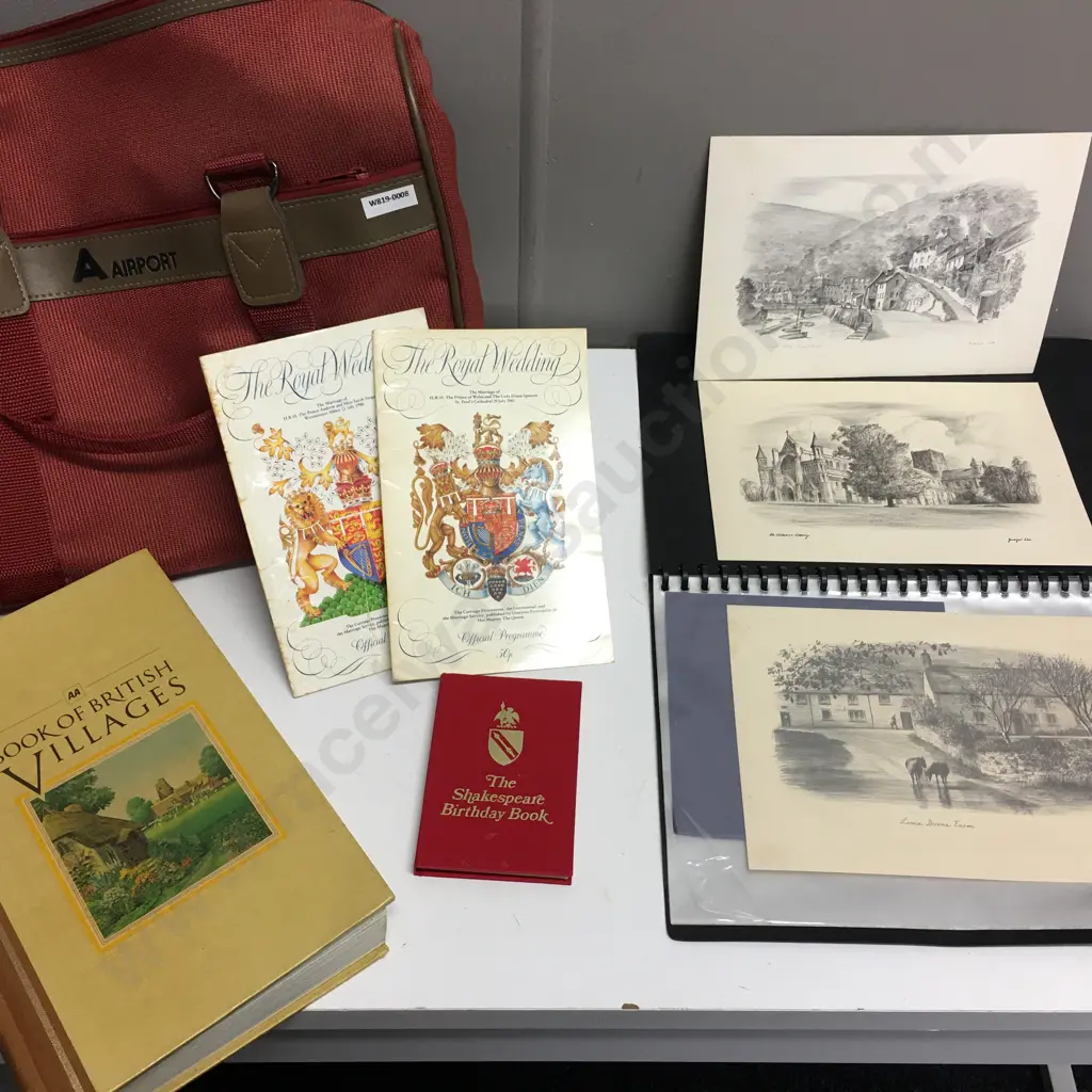 Airport Travel Bag With Vintage Artwork, Books Etc, Royal Wedding Programmes, Shakespeare Birthday Book Etc Image 1++