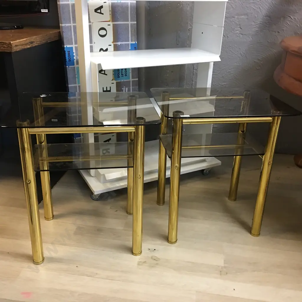 Pair Of Brass & Glass 2 Tier Side Table, 50 x 40cm Image 1++