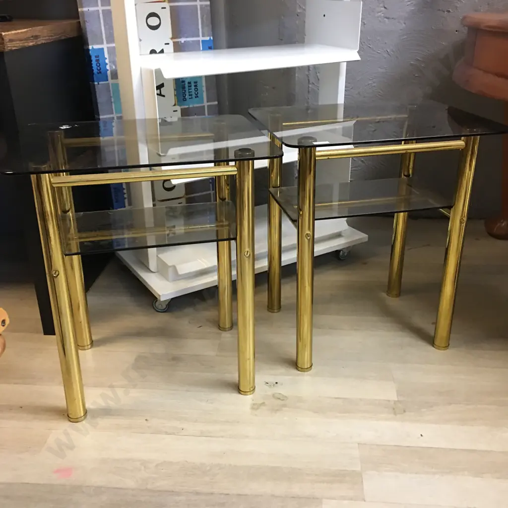 Pair Of Brass & Glass 2 Tier Side Table, 50 x 40cm Image 1++