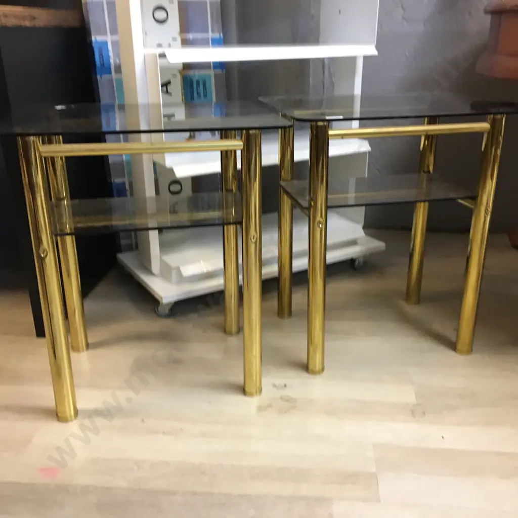 Pair Of Brass & Glass 2 Tier Side Table, 50 x 40cm Image 1++