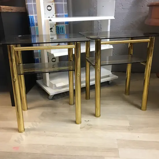 Pair Of Brass & Glass 2 Tier Side Table, 50 x 40cm