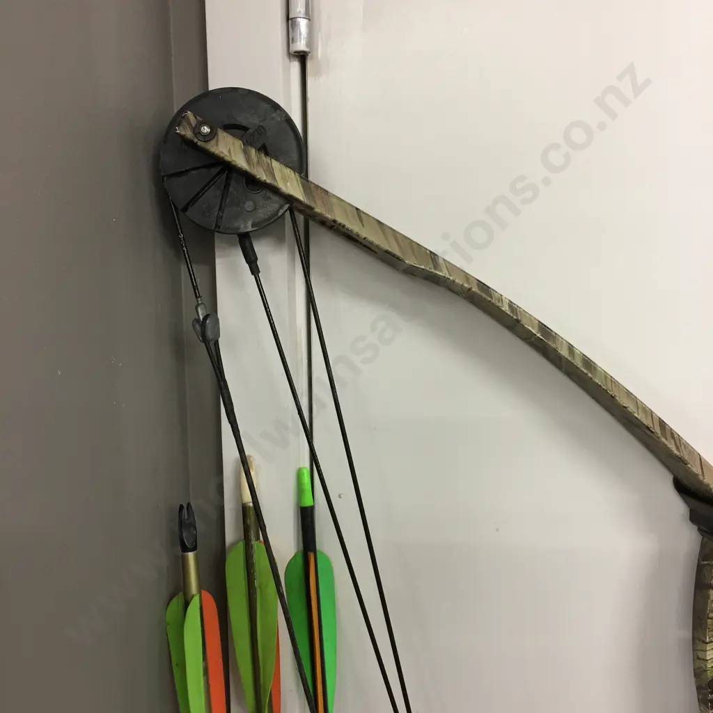 PSE Archery Deer Compound Bow, RH Camo With 3 Arrows & Carrier Image 1++