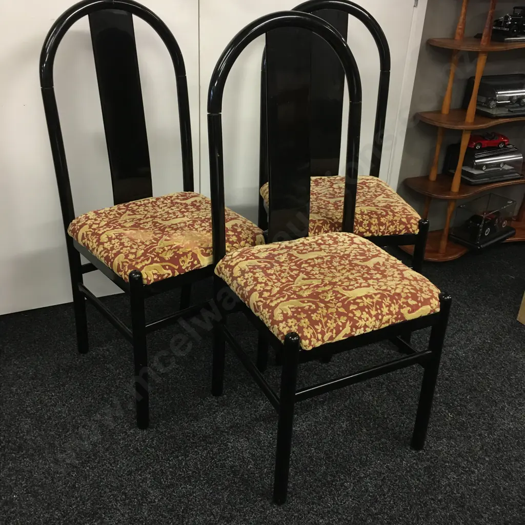 Set of 3 Asian Style Black Lacquer Dining Chairs. Red & Gold Fabric Image 1++