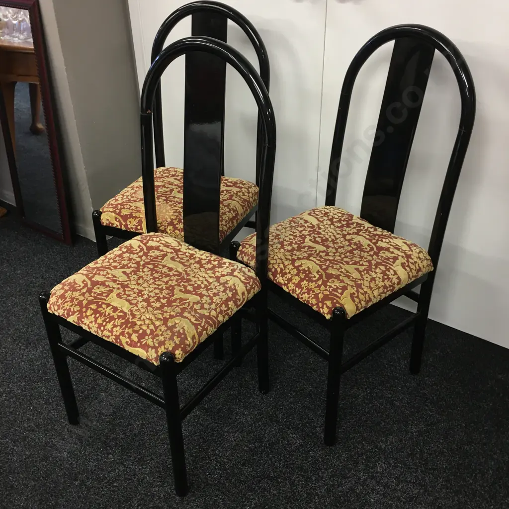 Set of 3 Asian Style Black Lacquer Dining Chairs. Red & Gold Fabric Image 1++