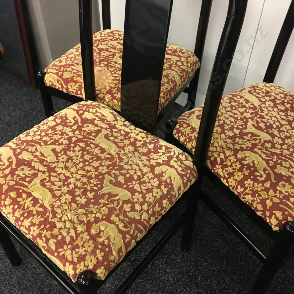 Set of 3 Asian Style Black Lacquer Dining Chairs. Red & Gold Fabric Image 1++