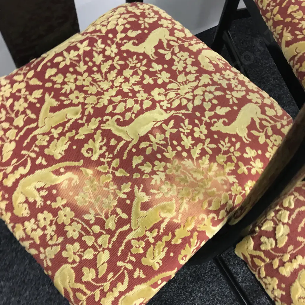 Set of 3 Asian Style Black Lacquer Dining Chairs. Red & Gold Fabric Image 1++
