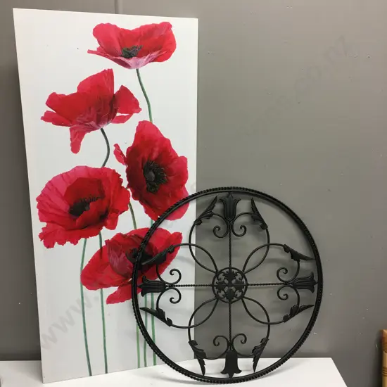 Picture On Canvas 'Poppies' & Round Metal Wall Art.