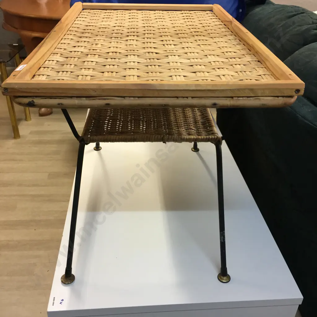 Mid Century Woven Rattan & Black Wrought Iron Coffee Table, 2 Tier, H52 W77 D48cm Image 1++