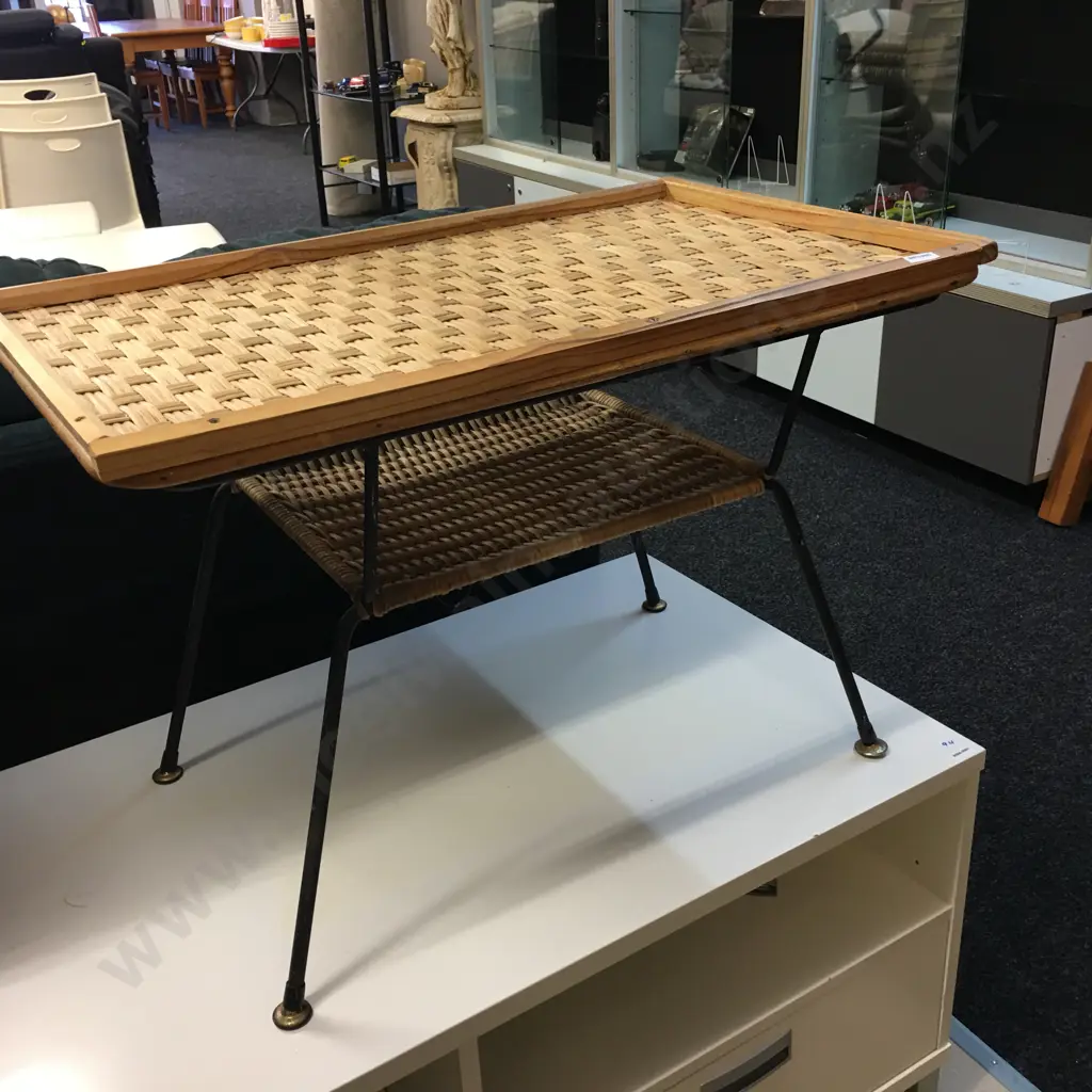Mid Century Woven Rattan & Black Wrought Iron Coffee Table, 2 Tier, H52 W77 D48cm Image 1++