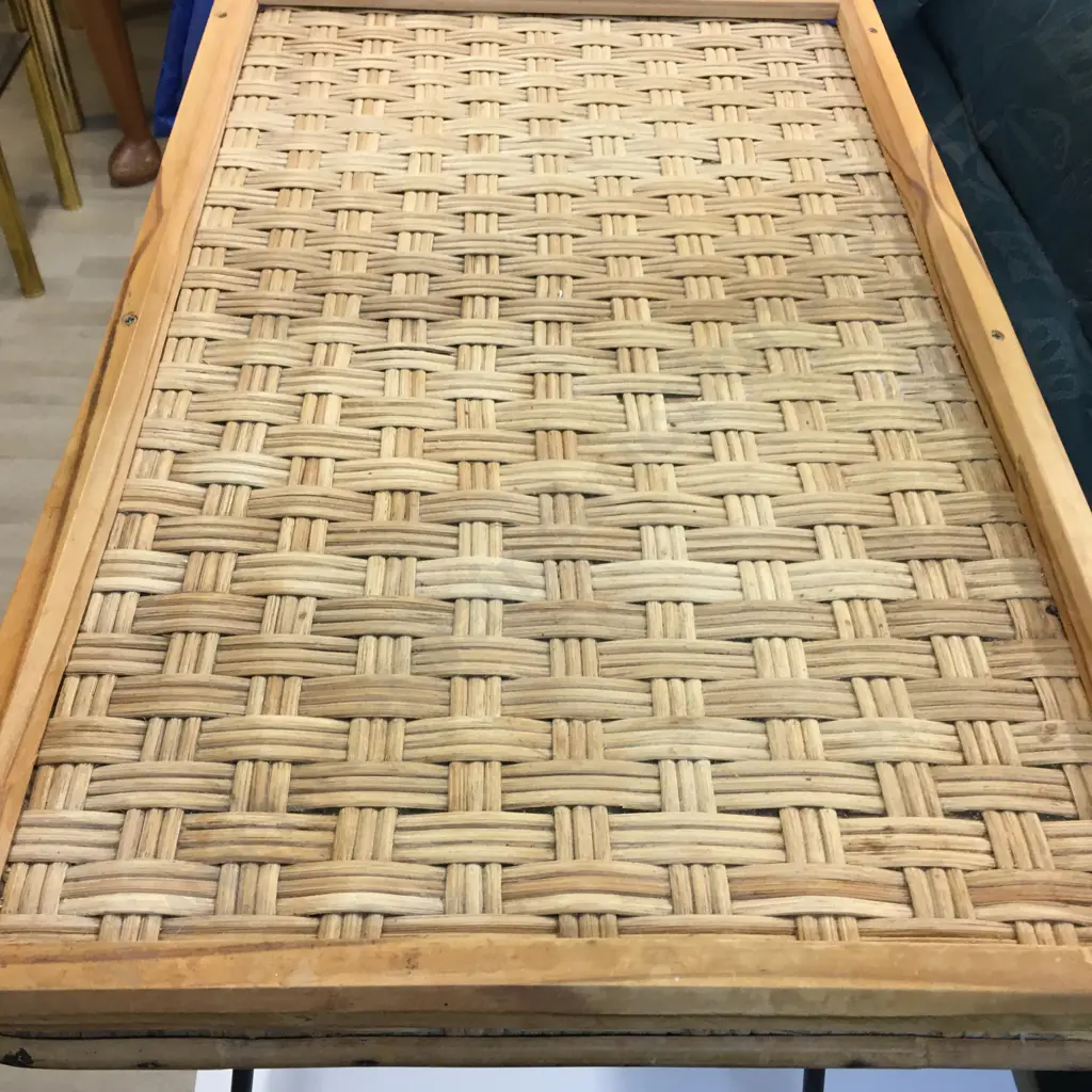 Mid Century Woven Rattan & Black Wrought Iron Coffee Table, 2 Tier, H52 W77 D48cm Image 1++