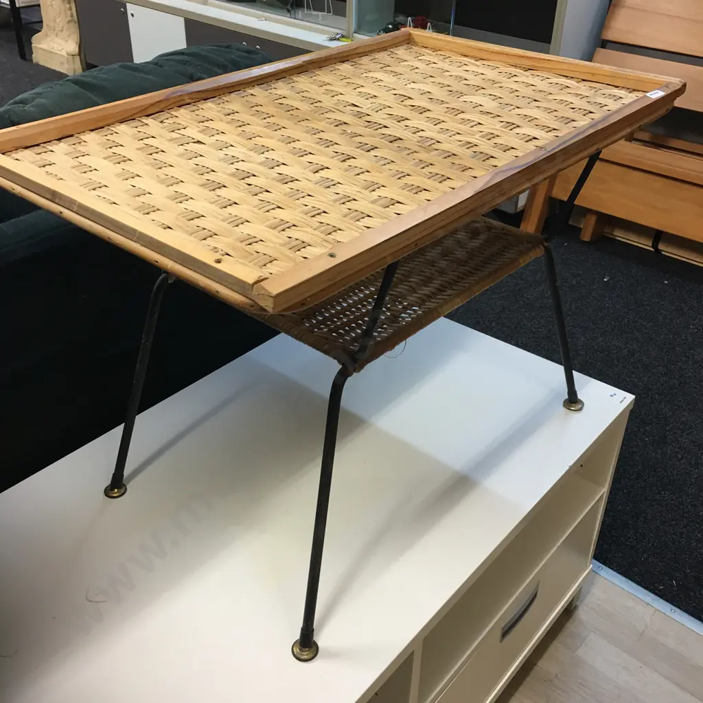 Mid Century Woven Rattan & Black Wrought Iron Coffee Table, 2 Tier, H52 W77 D48cm Image 1++