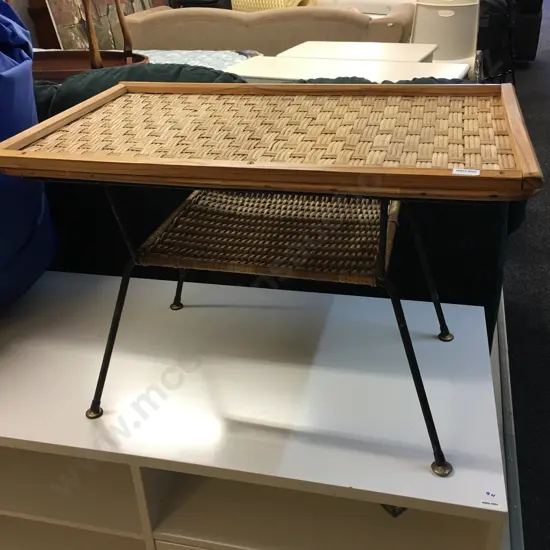 Mid Century Woven Rattan & Black Wrought Iron Coffee Table, 2 Tier, H52 W77 D48cm
