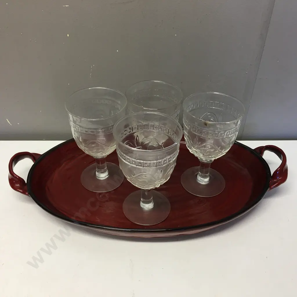 Double Handled Serving Tray & 4 Stemmed Wine Glasses Image 1++