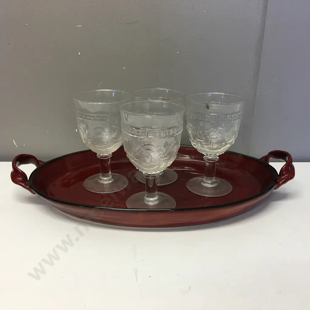 Double Handled Serving Tray & 4 Stemmed Wine Glasses Image 1++