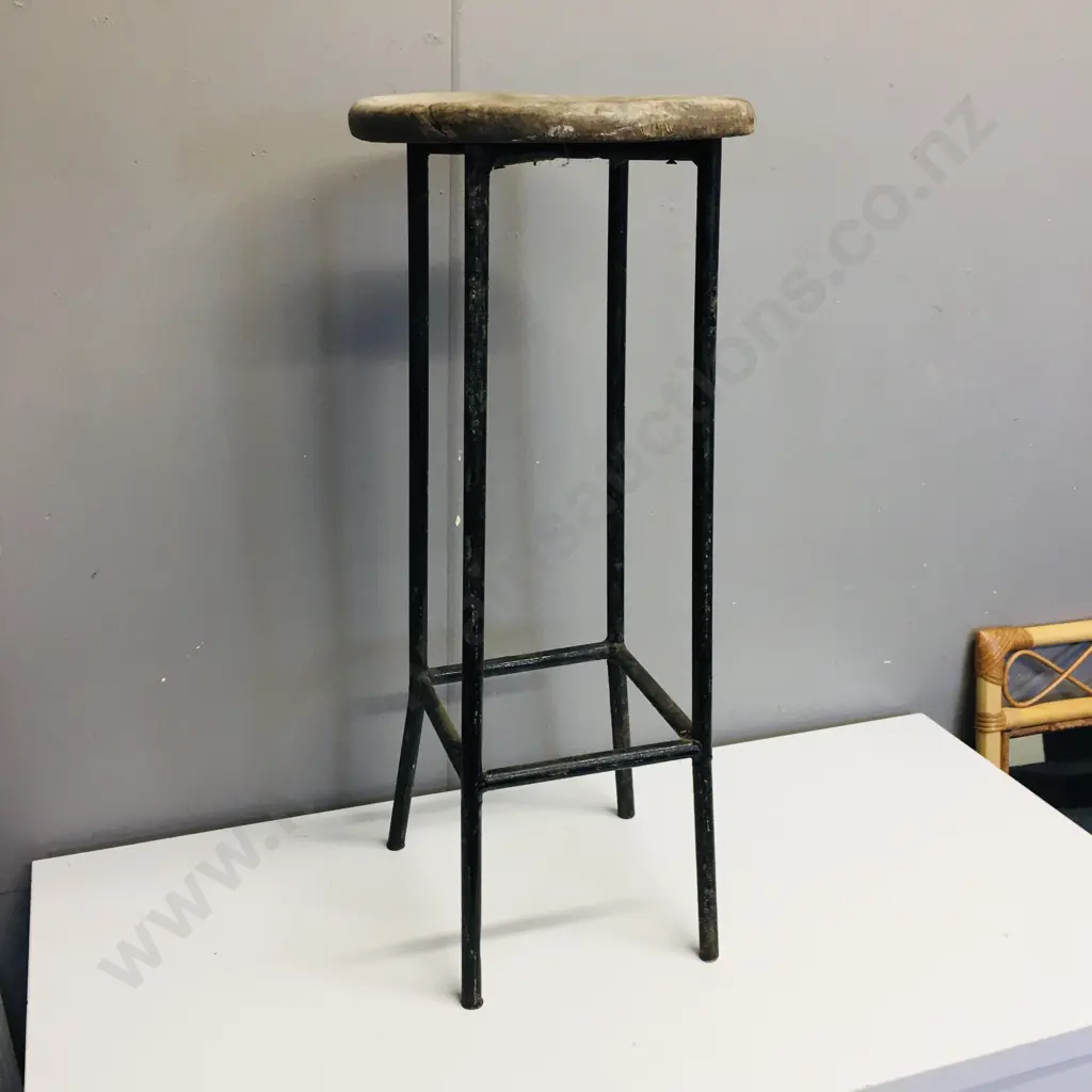 Vintage Wooden Stool With Black Steel Base, 69cm (Returned To Vendor) Image 1++