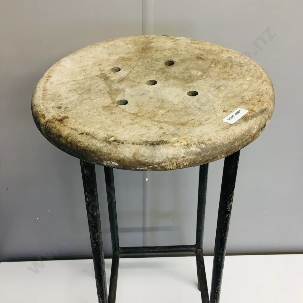 Vintage Wooden Stool With Black Steel Base, 69cm (Returned To Vendor) Image 1++