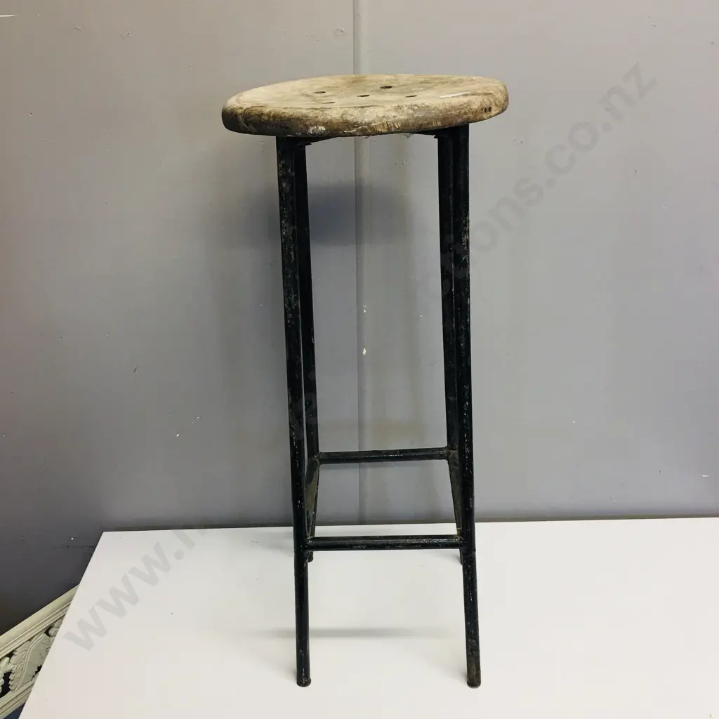 Vintage Wooden Stool With Black Steel Base, 69cm (Returned To Vendor) Image 1++