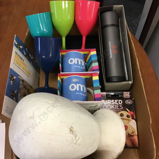 Box Lot Thermos, Plastic Wine Glasses Etc