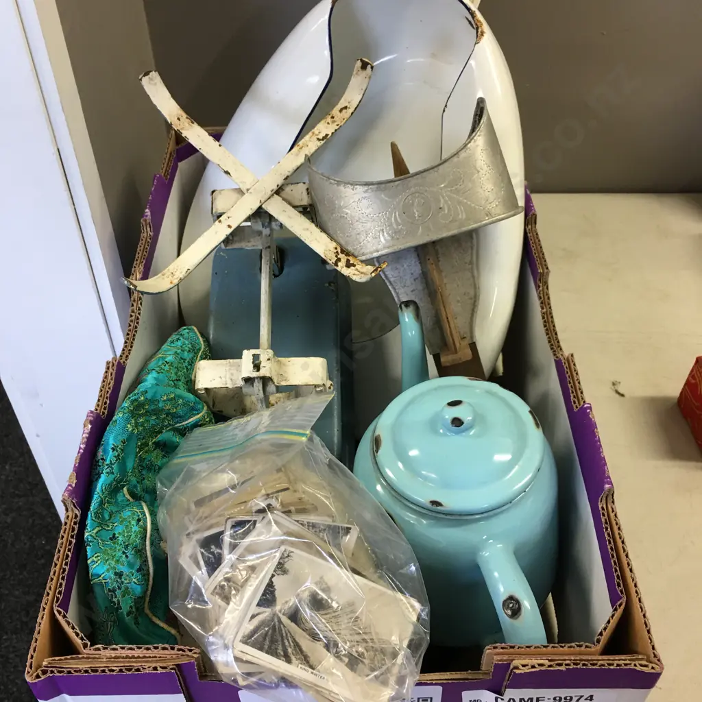Box Lot Rockham Sweden Enamelware Bed Pan, Cigarette Cards, Teapot, Pan Etc Image 1++
