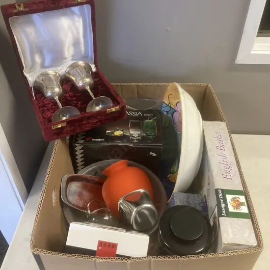 Box lot Coffee Plunger, Cups, China, Italian Bowl Etc