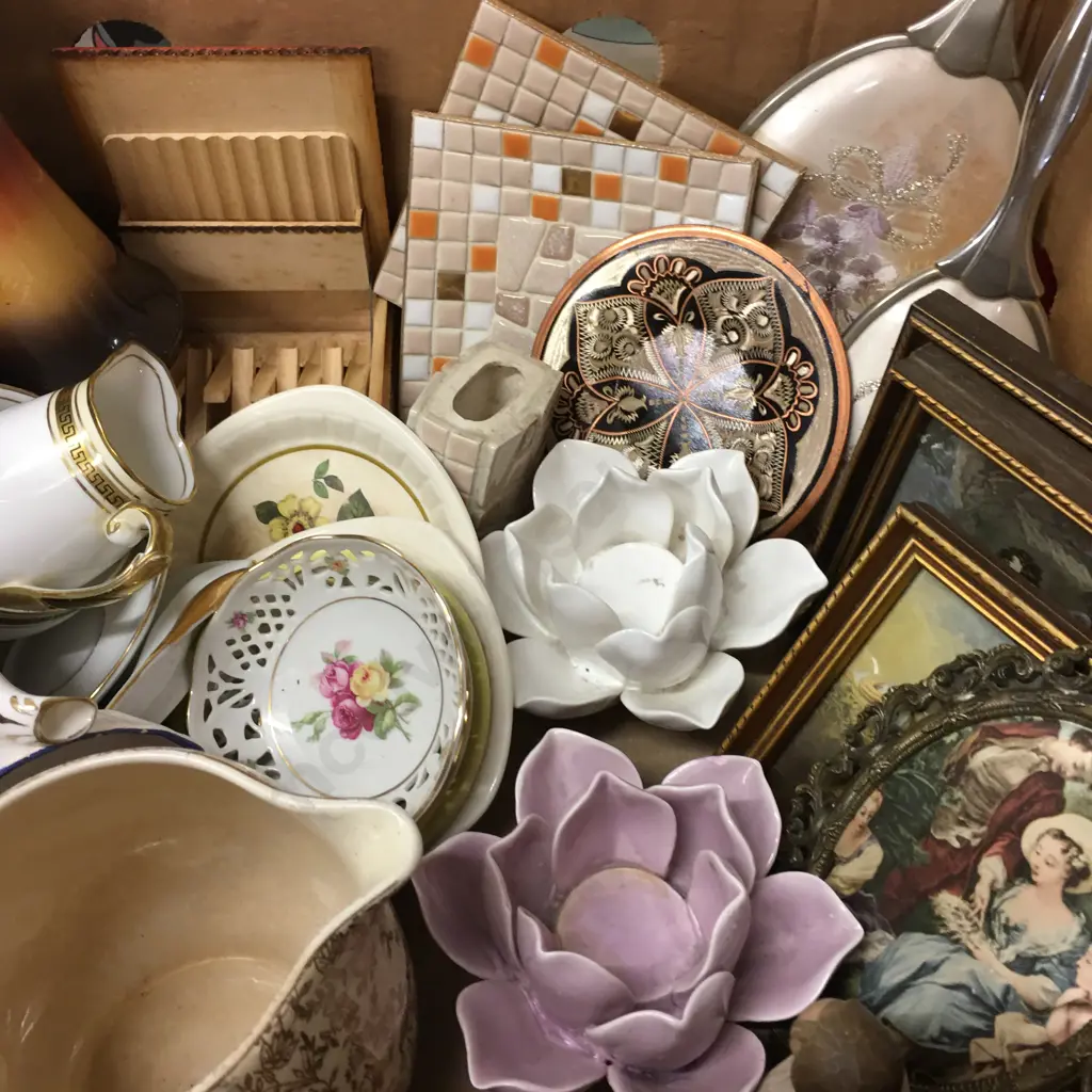 Box Lot Vintage Items, Demi Dishes, Pictures, Brush & Mirror Etc Image 1++