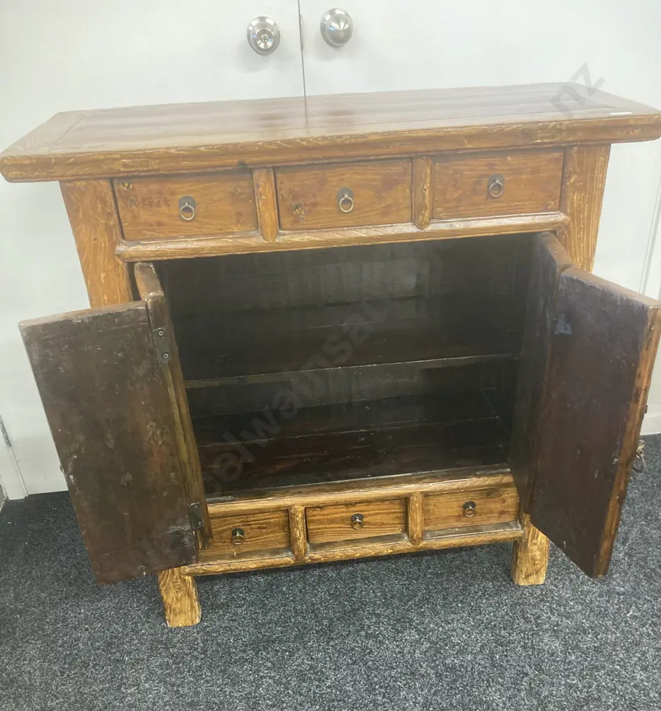 Vintage Chinese Buffet, Bi-fold Doors With Rustic Catch, 6 Drawers, Wrought Ring Handles, From Shanxi, H96 W98 D41cm Image 1++