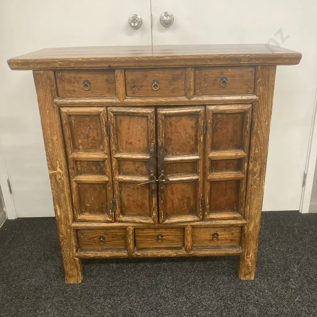 Vintage Chinese Buffet, Bi-fold Doors With Rustic Catch, 6 Drawers, Wrought Ring Handles, From Shanxi, H96 W98 D41cm Image 1++