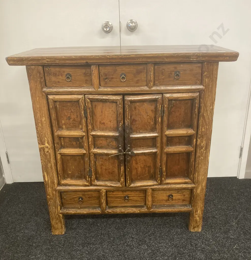 Vintage Chinese Buffet, Bi-fold Doors With Rustic Catch, 6 Drawers, Wrought Ring Handles, From Shanxi, H96 W98 D41cm Image 1++