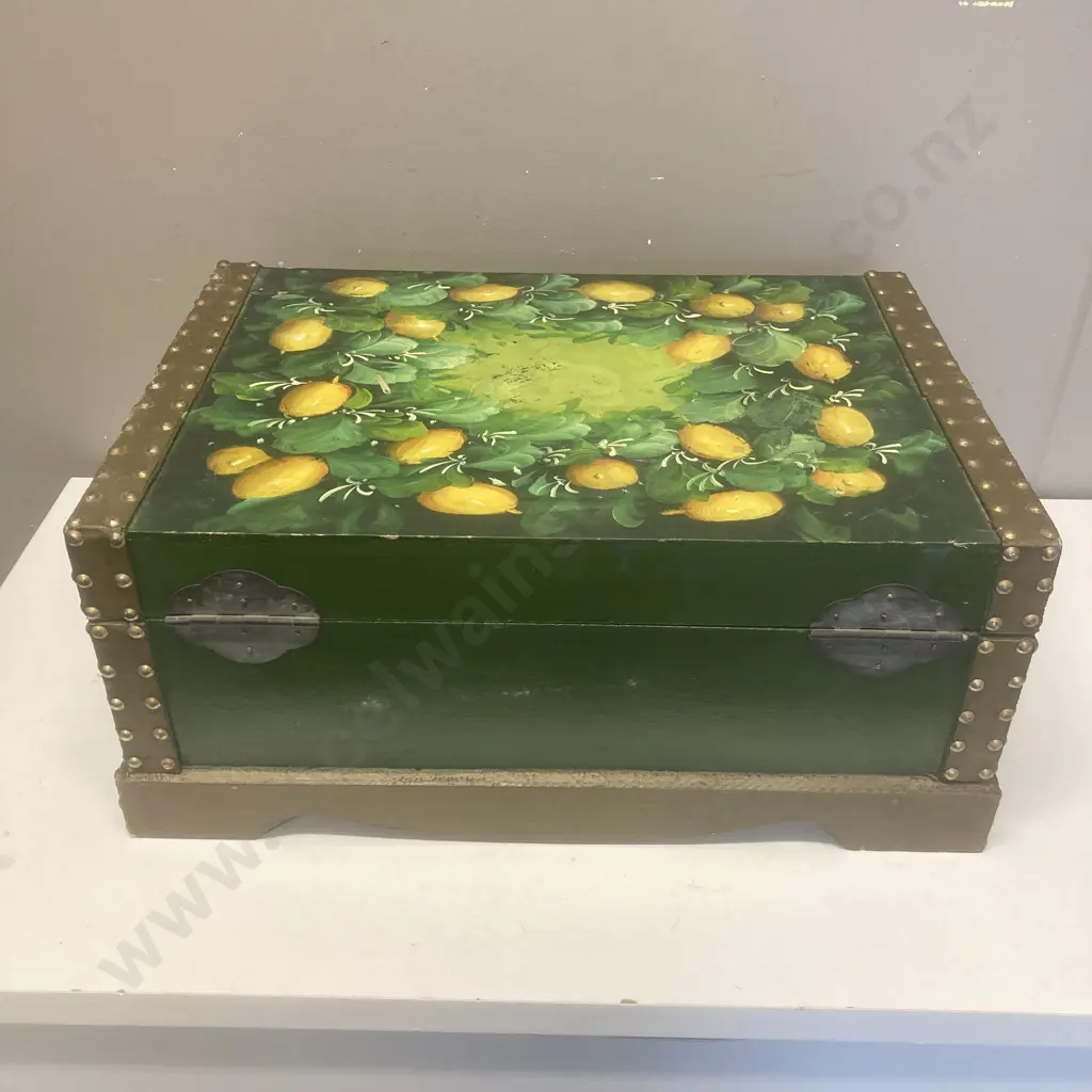 Vintage Hand Painted Wood & Metal Trunk, H23 W32 D35cm Image 1++