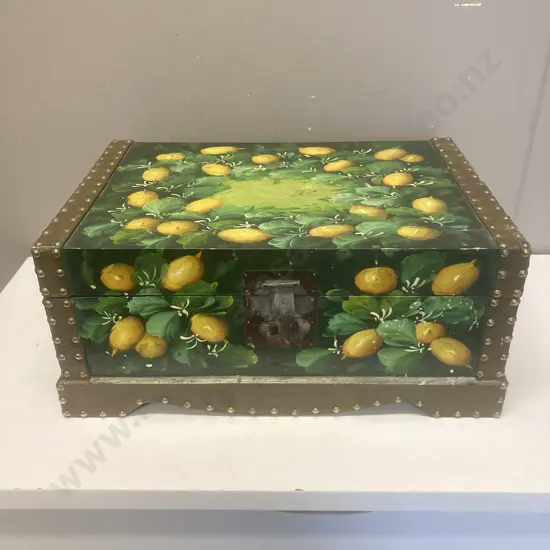 Vintage Hand Painted Wood & Metal Trunk, H23 W32 D35cm