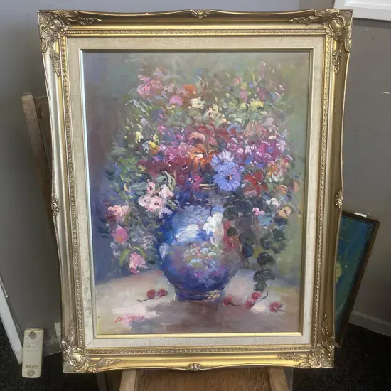 Still Life Oil Painting On Canvas Signed By The Artist With Ornate Gilt Frame, 74 x 59cm