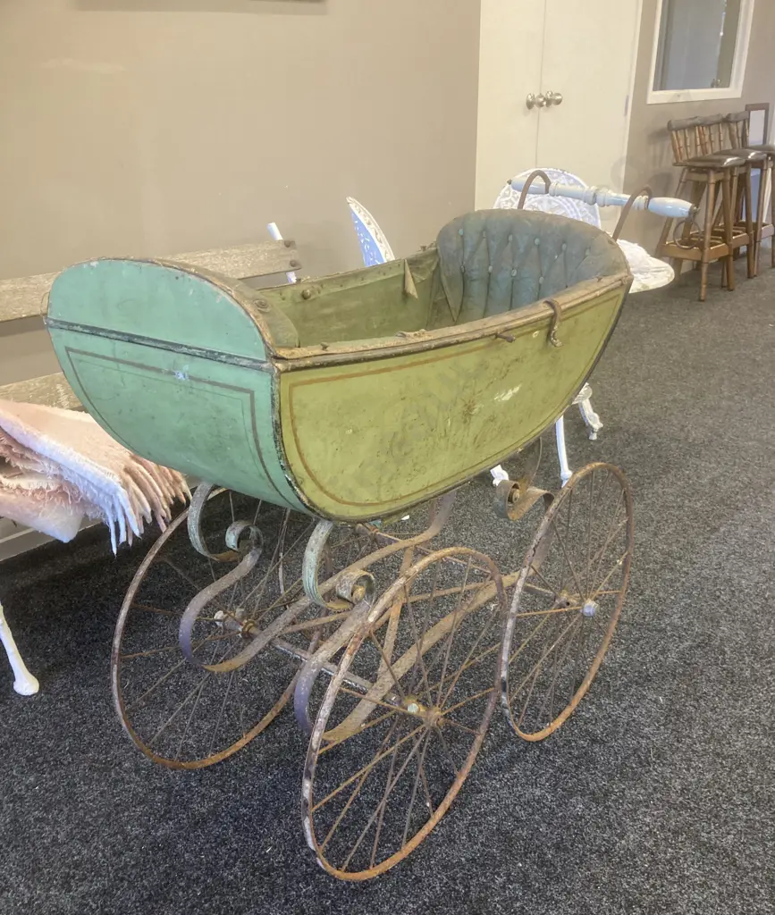 Victorian Era French Pram, Wood & Leather, Metal Chassis, Ceramic Handle, 98 x 113cm Image 1++