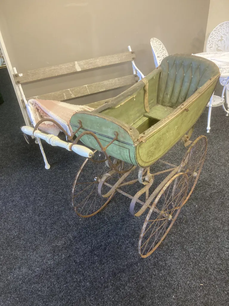 Victorian Era French Pram, Wood & Leather, Metal Chassis, Ceramic Handle, 98 x 113cm Image 1++