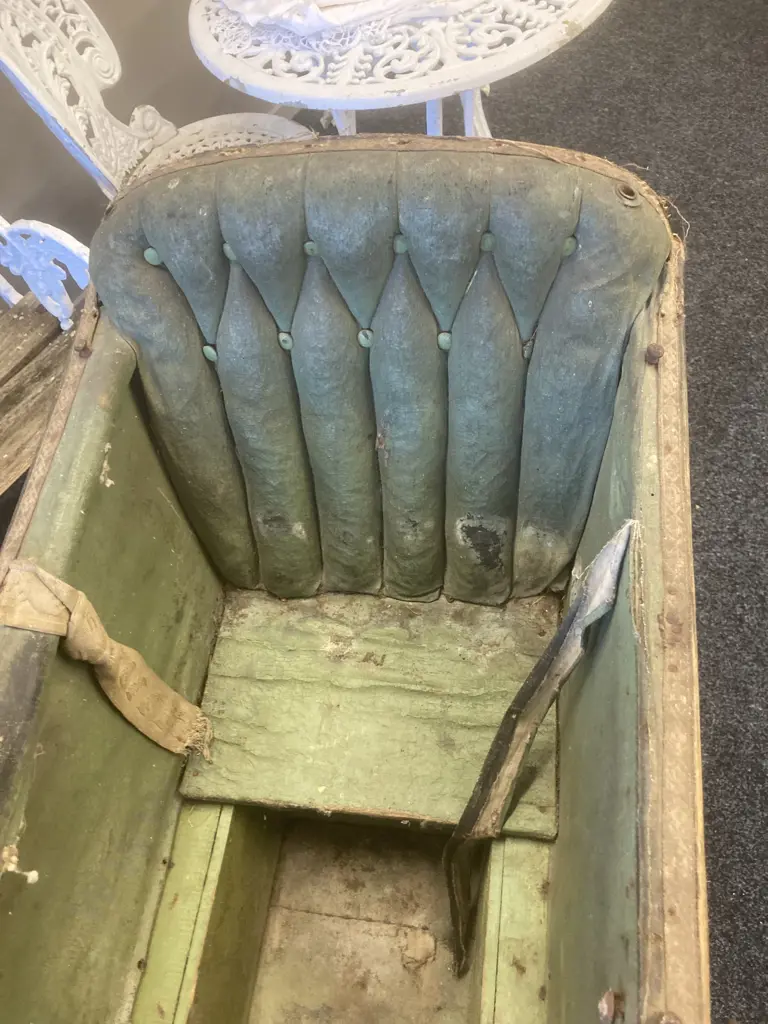 Victorian Era French Pram, Wood & Leather, Metal Chassis, Ceramic Handle, 98 x 113cm Image 1++