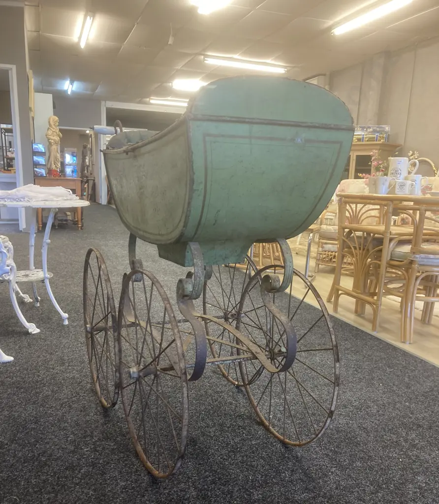 Victorian Era French Pram, Wood & Leather, Metal Chassis, Ceramic Handle, 98 x 113cm Image 1++
