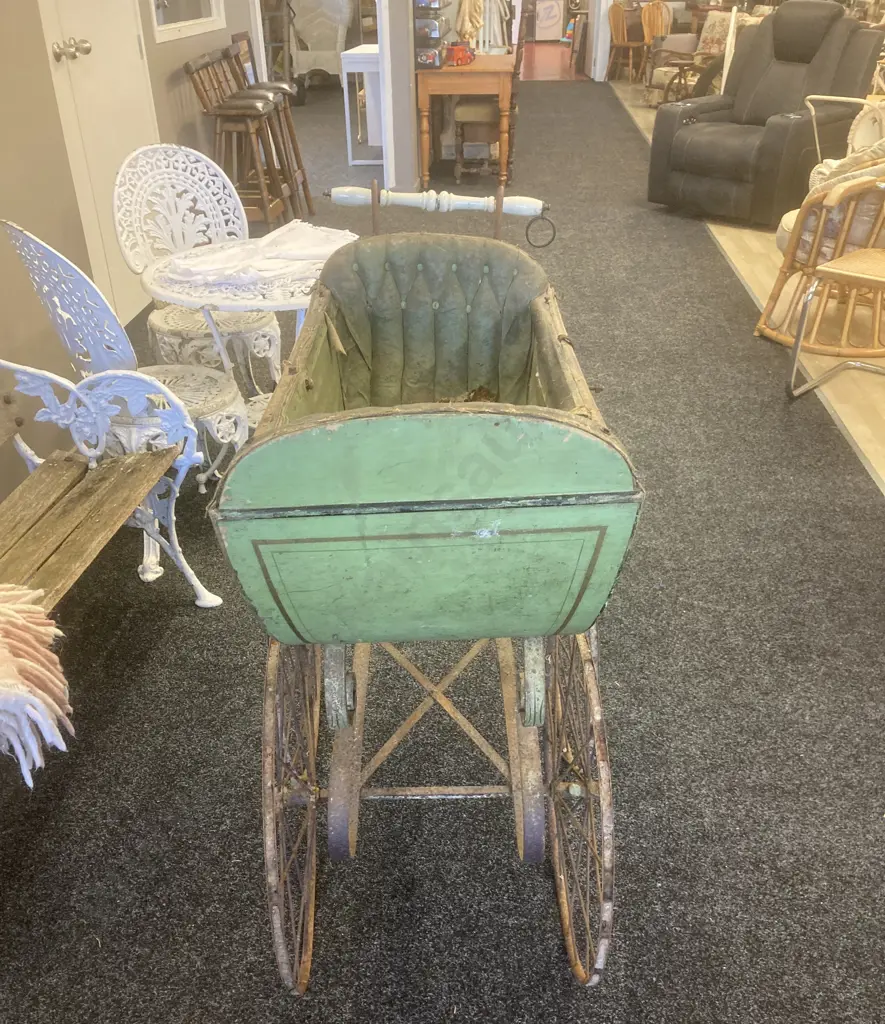 Victorian Era French Pram, Wood & Leather, Metal Chassis, Ceramic Handle, 98 x 113cm Image 1++