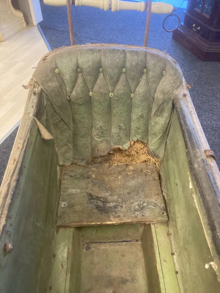 Victorian Era French Pram, Wood & Leather, Metal Chassis, Ceramic Handle, 98 x 113cm Image 1++