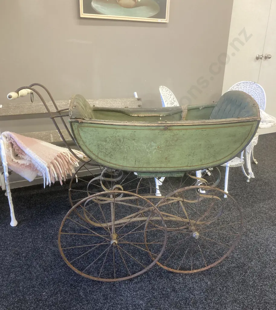 Victorian Era French Pram, Wood & Leather, Metal Chassis, Ceramic Handle, 98 x 113cm Image 1++