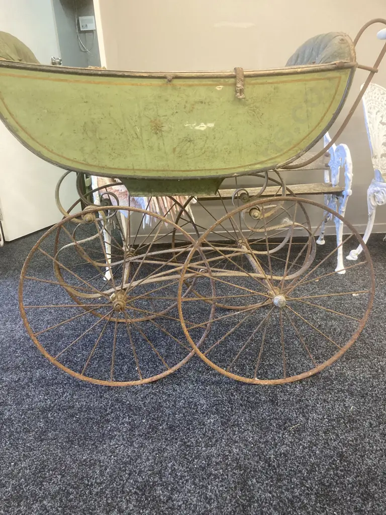 Victorian Era French Pram, Wood & Leather, Metal Chassis, Ceramic Handle, 98 x 113cm Image 1++