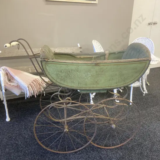 Victorian Era French Pram, Wood & Leather, Metal Chassis, Ceramic Handle, 98 x 113cm