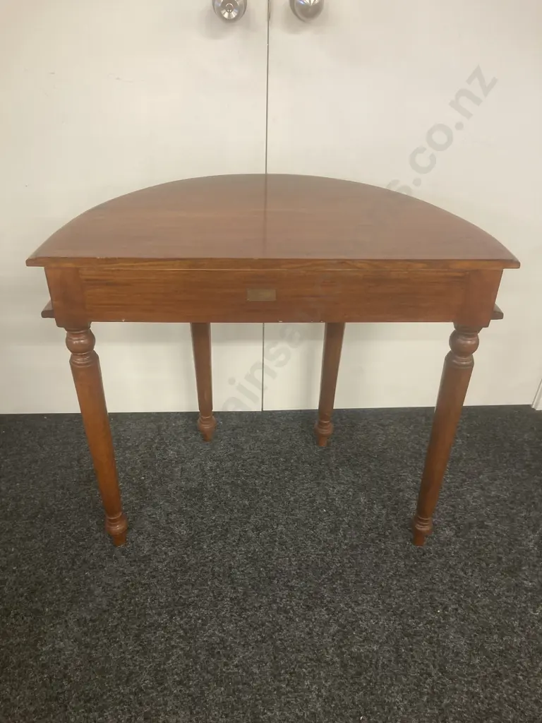 Mahogany Single Drawer Half Round Hall Table, Wrought Ring Handle, H75 W81 D39cm Image 1++