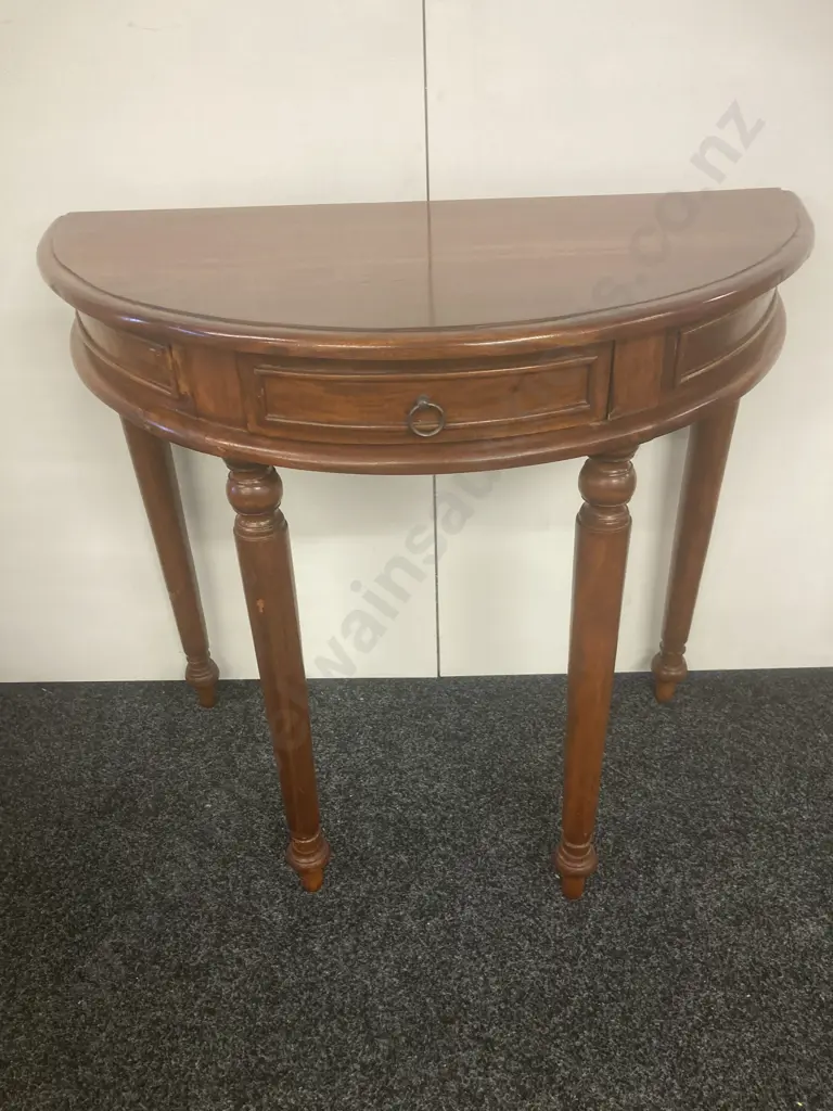 Mahogany Single Drawer Half Round Hall Table, Wrought Ring Handle, H75 W81 D39cm Image 1++
