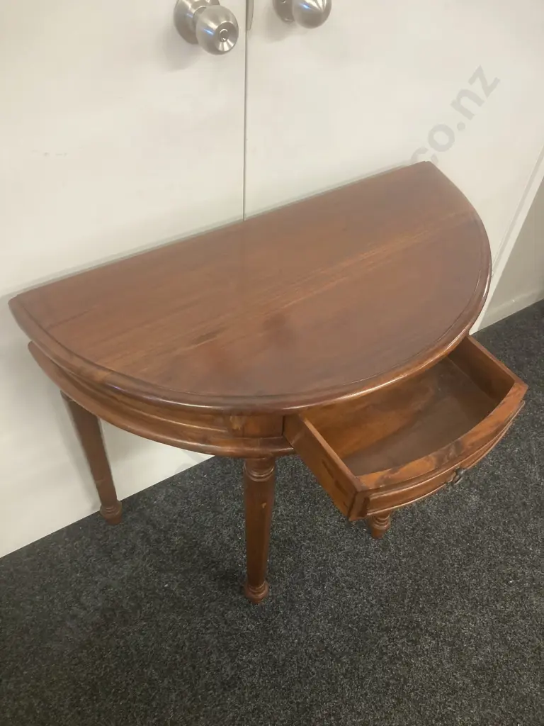 Mahogany Single Drawer Half Round Hall Table, Wrought Ring Handle, H75 W81 D39cm Image 1++