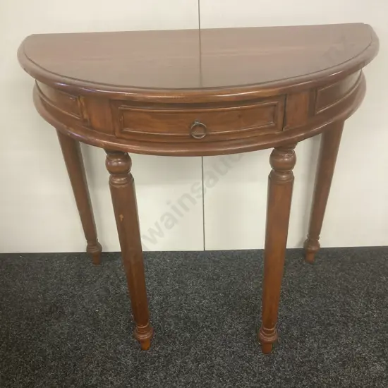 Mahogany Single Drawer Half Round Hall Table, Wrought Ring Handle, H75 W81 D39cm