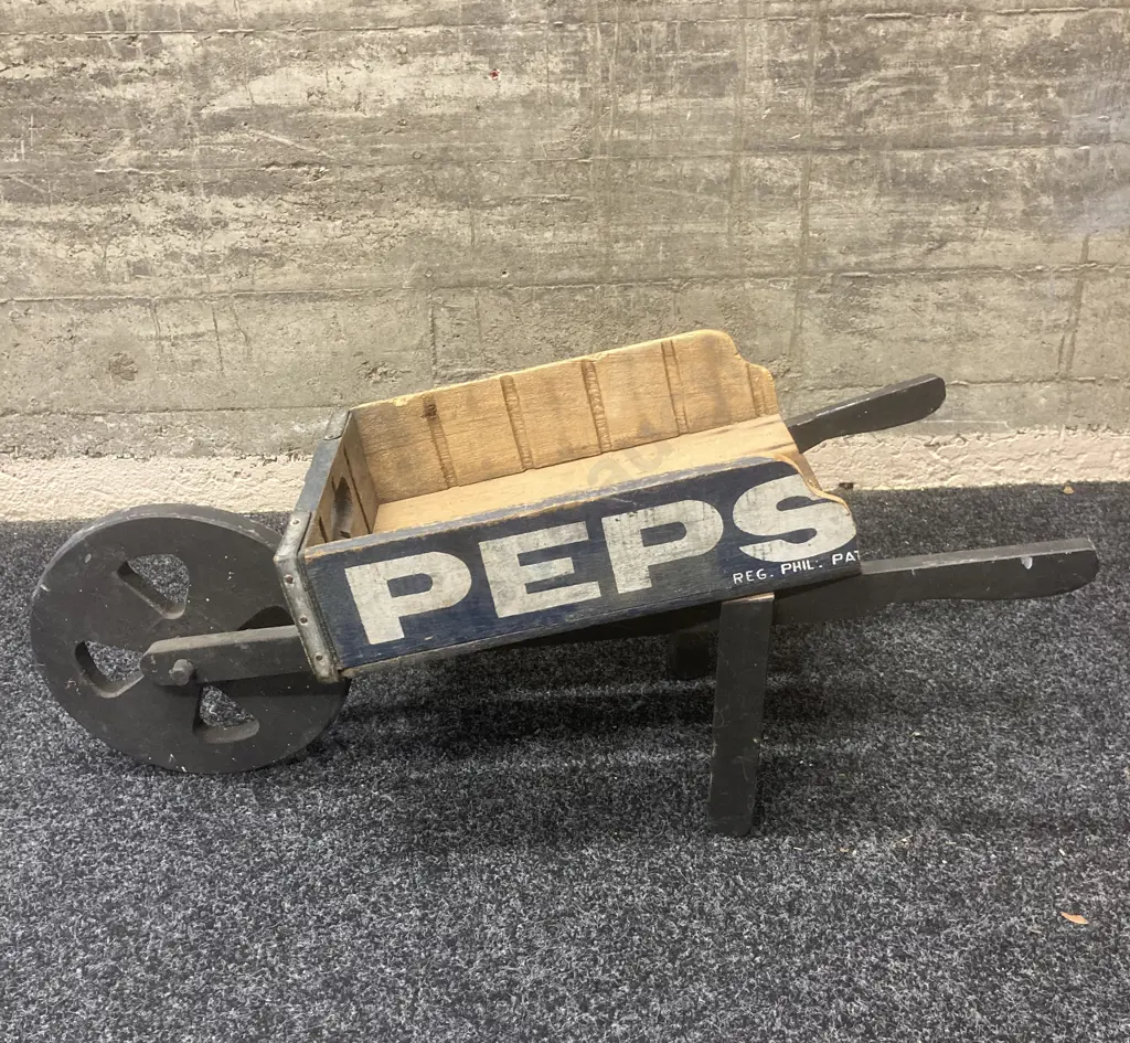 Vintage Wooden Pepsi Crate Wheelbarrow, H32 W77 D34cm (Blue Pepsi Bottle Crate With White Writing, Metal Straps) Image 1++