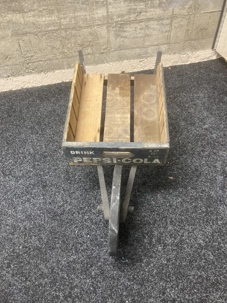 Vintage Wooden Pepsi Crate Wheelbarrow, H32 W77 D34cm (Blue Pepsi Bottle Crate With White Writing, Metal Straps) Image 1++