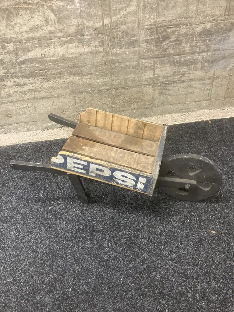Vintage Wooden Pepsi Crate Wheelbarrow, H32 W77 D34cm (Blue Pepsi Bottle Crate With White Writing, Metal Straps) Image 1++